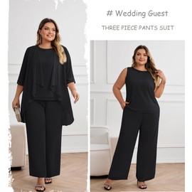 Hanna Nikole Womens Plus Size 3 Pcs Pantsuits Dressy Outfit Set Mother of The Bride Dresses with 3/4 Sleeve Chiffon Jacket Black 18 Plus