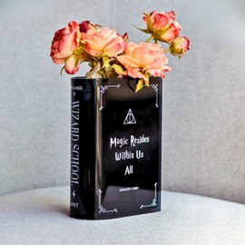 Acrylic Book Vase for Flower Lovers Magic-inscribed Home Decor Wizard Enchanted Centerpiece (Black)