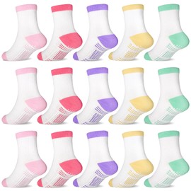 GRPSKCOS Toddler Girls Non Slip Socks 15 Pairs Toddler Grip Anti Skid Socks for 0-7 Years Girls Kids（01 Patchwork on white, 6-12 Months)