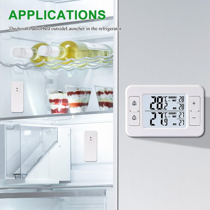 Fridge Thermometer, Freezer Thermometer with 2 Wireless Sensors, Thermometer Indoor