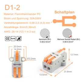 JOYELEC Pack of 20 Connection Terminals, D1-2 Quick Connection Terminal Cable Connectors, Compact Plug-In Terminals, 1 Inputs/2 Outputs, Cable 0.08-2.5 (4.0) mm², 250 V, 32 A Conductor Clamp