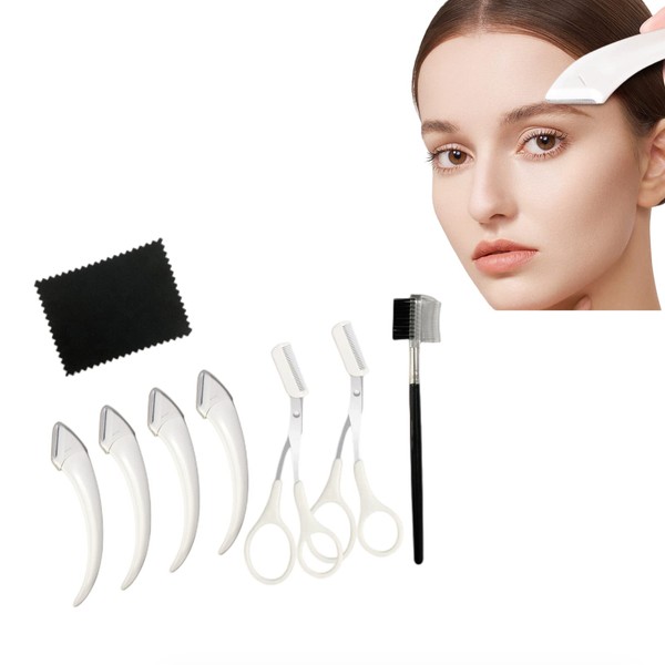HIPIHOM 6Pcs Eyebrow Trimmer Scissors with Comb Stainless Steel eyebrow razor for women Eyelash Hair Scissors Make Up Tool for Men Women (White)