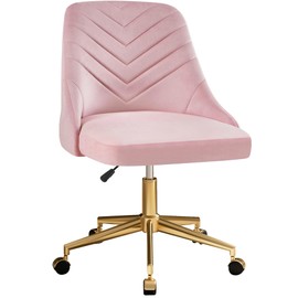 VECELO Velvet Vanity Desk Chair with Height-Adjustable for Office Living Room Bedroom Make Up Study, 360°Swivel, Wheeled Gold Base, Pink
