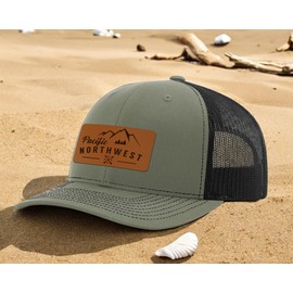 Alterd Industries Pacific Northwest Gifts - PNW Snapback Trucker Hat with Leatherette Patch Outdoorsy Hats for Men and Women Outdoor Lifestyle Caps Camping Hiking Cap (Loden/Black, PNW Mountains Lthr)