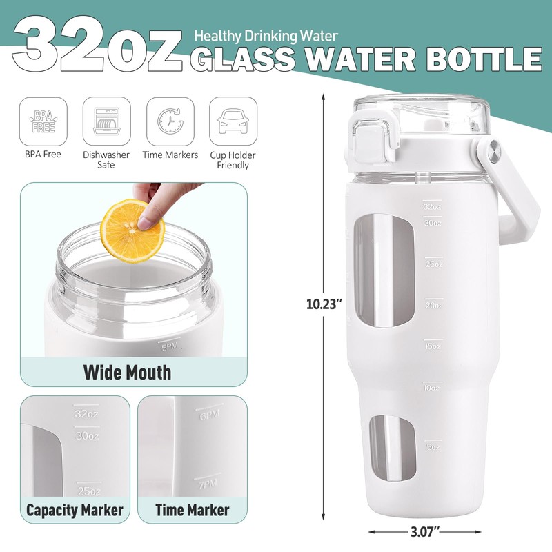 BLUEGO 32oz Glass Tumbler with Lid and Handle, Iced Coffee