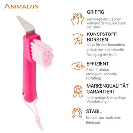 Animalon Children's Hoof Pick Brush | Rustproof Picker | Ergonomic and Non-Slip Hoof Pick Kids | Pink Hoof Pick Horse | 2 in 1 Horse Hoof Pick for Children | Kids Hoof Pick in Pink