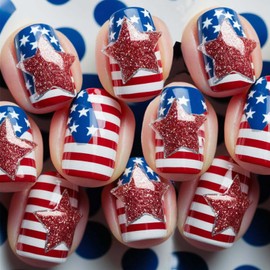 4th of July Press on Nails Glossy Red Glitter Stars False Nails Independence Day Acrylic Short Square Fake Nail American Flag Stick on Fingernails 24Pcs Fourth of July Gel Glue on Nail for Women Girls