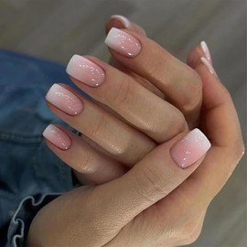 24 Pcs de Uñas Postizas a Presión,Uñas Postizas Cuadradas Cortas Francesas