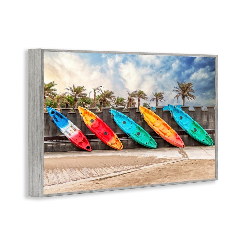 Stupell Industries Colorful Kayaks And Palms Gray Framed Giclee Art