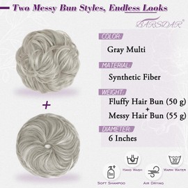 BARSDAR 2 PCS Messy Bun Hair Pieces - Elastic Gray Messy Hair Bun Scrunchies Extensions for Women - Synthetic Thick Fluffy Donut Updo Chignons Salt Pepper Hairpieces for Women Daily