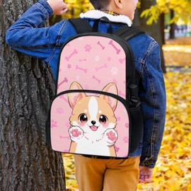Tuoxiukan Corgi School Bag for Girls Pink Dog Paw School Backpack Large Capapcity 17 Inch Girls Bookbag Ages 6-8 Elementary Bookbag with Front Compartment & Side Pockets for Water Bottle
