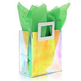KeerxunBag 1 Pack Holographic Gift Bags with Handles & 2 Tissue Paper Sheets – Iridescent Transparent Reusable Bags for Women, Girls, Birthdays, Weddings，Green Gift Bag