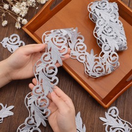 IDONGCAI Iron On Metallic Lace Trim Border Trim Ribbon Lace Fabric Trim Embroidery Floral Lace Applique Patches for Bridal, Costume or Jewelry, Crafts and Sewing, 2.6 Inch by 2 Yards (Slivery)