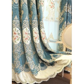 SLOW SOUL Set of 2 Panels Classical Embroidered Flowers 80% Blackout Curtains for Living Room Bedroom Dining Room Curtains High-end Chenille Curtain Grommet Top Darkcyan Cloth 49W X 84L inch