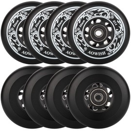 AOWISH Inline Skate Wheels 85A Outdoor Asphalt Formula Hockey Roller Blades Replacement Wheel with Bearings ABEC-9 and Floating Spacers (8-Pack) (Black, 76mm)