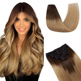 Elailite Clip-In Real Hair Extensions, 8 Wefts, Straight, #4T27, Medium Brown, Ombre, Dark Blonde, Real Human Hair, 55 cm - 75 g