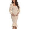 Maternity Spring Floral Midi Bodycon Dresses, Short Puff Sleeve Square