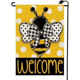 Welcome Summer Bee Garden Flag 12x18 Inch Double Sided Outside Small Burlap Bowknot Polka Dots Yard Decoration Flag XJ02