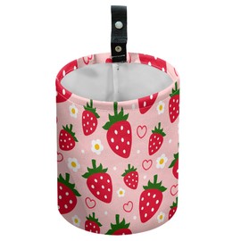 DELORIGIN Strawberry and Flower Car Trash Can Waterproof Garbage Can Car-Seat Back Hanging Trash Bag Portable Camping Waste Bin Storage Bag Collapsible Rubbish Container for Women Car (5.9" W,7.2" H)