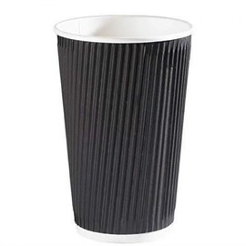 QTPack 25 16oz Black Triple Walled Kraft Ripple Paper Cups with Matching Lids | Disposable Eco Friendly Recyclable | Suitable for Coffee Tea Hot Drinks