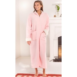 Alexander Del Rossa Long Zip Up Robes for Women, Plush Zipper Robes for Women Plus Size, Housecoats for Women Zipper Front Pink Rose Quartz with Cream Large (A0258RSCLG)