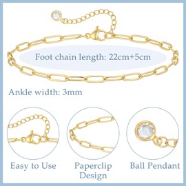 RoseJeopal 18K Gold Stainless Steel Anklets for Women, Hypoallergenic Paperclip Anklet Bracelet, Adjustable Gold Anklets with Gift Box