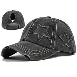 Star Baseball Cap Women Ponytail Baseball Hats for Women Vintage Washed Cotton Distressed Trucker Hat Adjustable Womens Headwear Accessories Cowboys Hats with Ponytail Hole Bling Hat Women Gifts