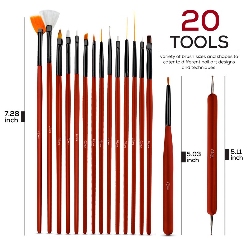 Glow 20 Nail Art Brush Set and Dotting Tool, Nail