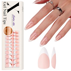 SXVME French Gel Nail Tips Medium Almond Gel X Tips 300Pcs Pre-applied Tip Primer White French Tip Press on Nails Medium Long Almond Nude Pink, French Tip Nails Fake Nails Extensions for DIY Nail Art