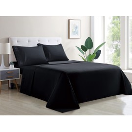 wavveUziz Bed Sheet Set Super Soft 100% Microfiber Sheet 1800 Brushed Microfiber Embroidered Queen Size Bed Sheets 16-Inch Deep Pocket - 4 Piece, Black