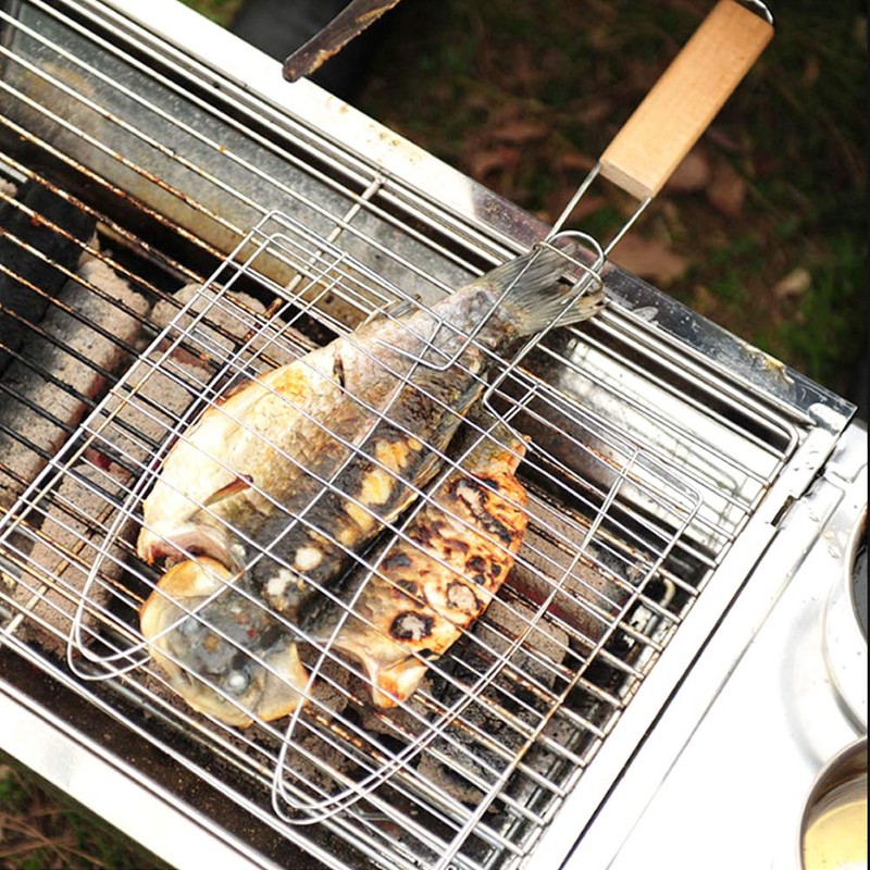 Fish Grilling Basket,Meat Burger Long Handle Mesh Basket Folding Stand,Folding