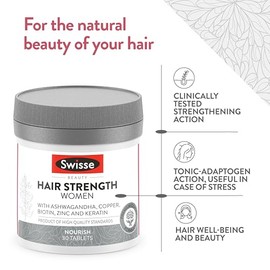 SWISSE Hair Strength Women - Hair Supplements for Women with Biotin Zinc Copper, 30 Tablets - Supplement with Keratin for Strong Hair, Strengthening & Tonic-Adaptive Actions, Hair Care - Made in Italy