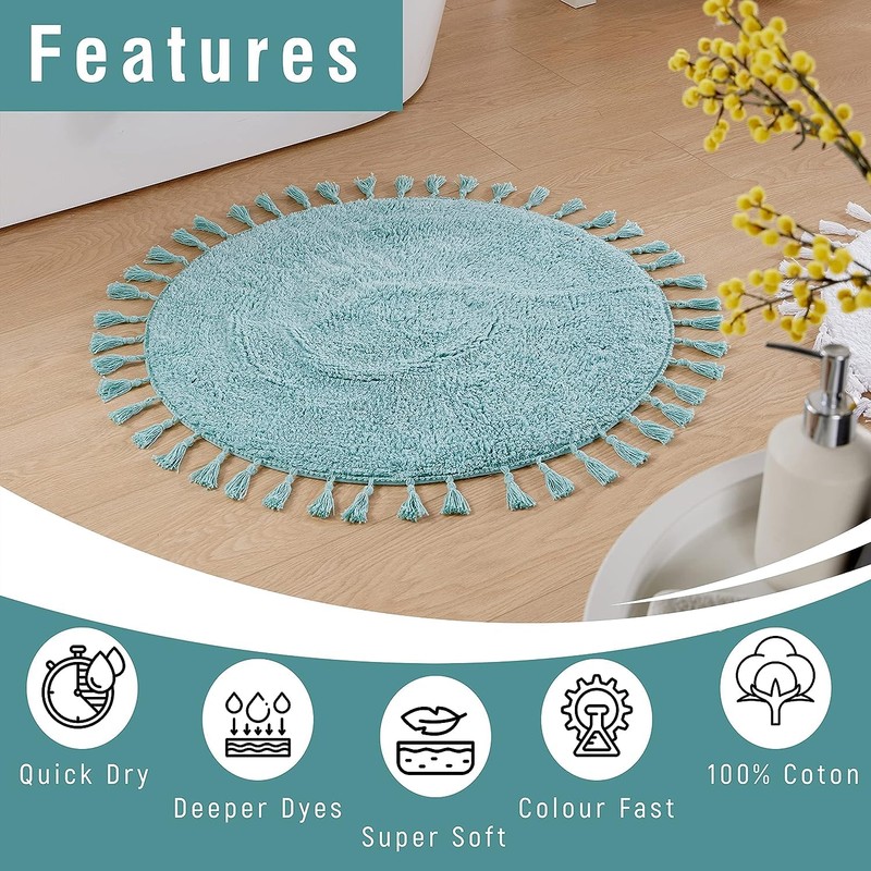 Voice7 Tasselled Duck Egg Round Bath Mat 100% Cotton, Non-Slip