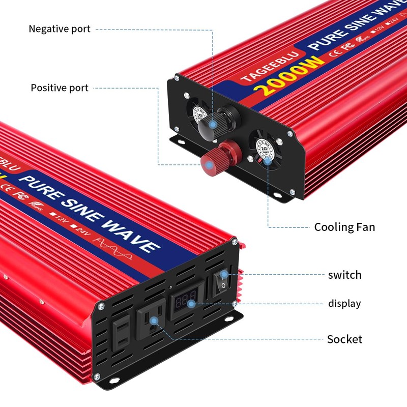 TAGEEBLU 2000 W（4000 Peak） Pure Sine Wave Power Inverter 12V