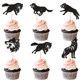 Ercadio 25 PCS Black Wolf Cupcake Toppers Silhouette Black Glitter Cupcake Topper Wolf Cupcake Decoration Picks Animal Theme for Baby Shower Kids Birthday Party Decoration Supplies