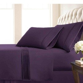 TRP 4 Piece Modern & Contemporary Classic 21-Inch Extra Deep Pocket Pleated Sheet Set Fully Elasticized Fitted Sheet 110 GSM Microfiber Fabric Farmhouse Bedding All Season Purple Bed Sheets Queen
