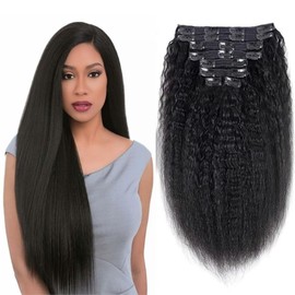 Sexycat Yaki Straight Hair Extensions Clip in 22 Inch 8Pcs 120g Clip in Hair Extensions Real Human Hair, Natural Black Color Kinky Straight Double Weft Hairpieces for Women