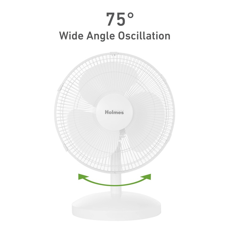 HOLMES 12" Table Fan, 75° Oscillation, 3 Speeds, 15° Adjustable