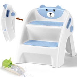 Noonkty 2 Step Foldable Toddler Step Stool,13.8 Inch Tall Non-Slip Kids Step Stool with Safety Lock for Potty Training, Bathroom and Bedroom. A-Frame Portable Stepping Stool Blue with Faucet Extender