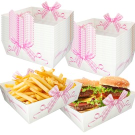 24PCS Pink Bow Paper Food Trays;Large Size Coquette Birthday Decorations Kraft Food Boat;Nacho Trays Bow Birthday Party Supplies for Valentines Wedding Baby Shower Party Decoration