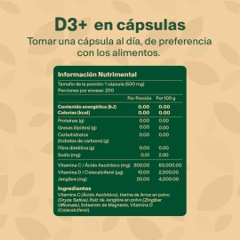 Vitamina D3 + con 200 capsulas de 500mg Suplemento a base de Vitamina D, Vitamina C, Raíz de Jengibre en polvo VitalBotanics Gluten Free