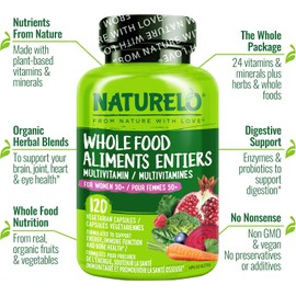 NATURELO Whole Food Multivitamin Health Blends, Women 50+ 120 Caps | Women's Multivitmins, Iron Free with Vitamins, Minerals, & Organic Extracts for Post