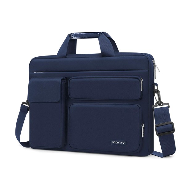 MOSISO Laptop Shoulder Messenger Bag Compatible with 17-17.3 inch Dell XPS/HP Pavilion/Ideapad/Acer/Alienware/HP Omen with 2 Raised&1 Flapover&1 Horizontal Pocket&Handle&Belt, Navy Blue