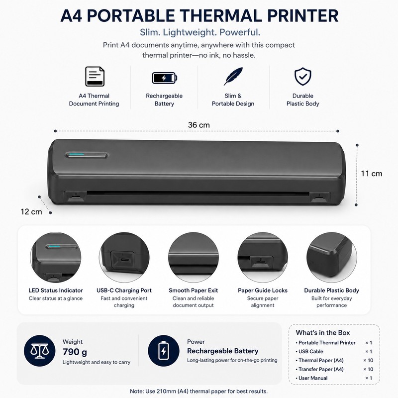 Portable A4 Thermal Printer for Travel & Work – Inkless