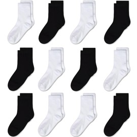 GENTABY Kids Black School Socks Boys Girls - 12 Pairs Junior White Socks Unisex Mid-cut Half Elasticity Plain Socks Size 9-12 Breathable Toddler Crew Socks 4-7 Years