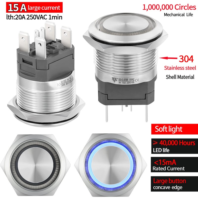 UL Listed 22mm Push Button Switch 15A 110V-120v Latching 2NO