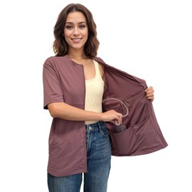 Youdiao Mastectomy Shirts with Drain Pockets Post-Surgery Must Haves Soft Full Front Zip-Up Short Sleeve Recovery Tops Grey Purple S