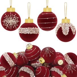 Fovths 12 Pack Velvet Christmas Balls Bulk Flocked Christmas Tree Ball Ornaments 3.15 Inch Plastic Balls Xmas Hanging Ornaments for Christmas Holiday Decoration (Burgundy)