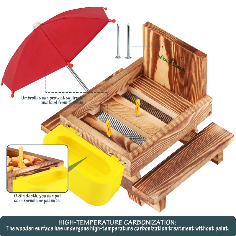 MIXXIDEA Wooden Squirrel Feeder Table with Water Bowl, Squirrel Picnic
