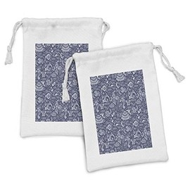 Ambesonne Under the Sea Fabric Pouch Set of 2, Ocean Animals Shells Plants Seahorse Turtle Fishing Theme Artwork Print, Small Drawstring Bag for Toiletries Masks and Favors, 9" x 6", Navy Blue White